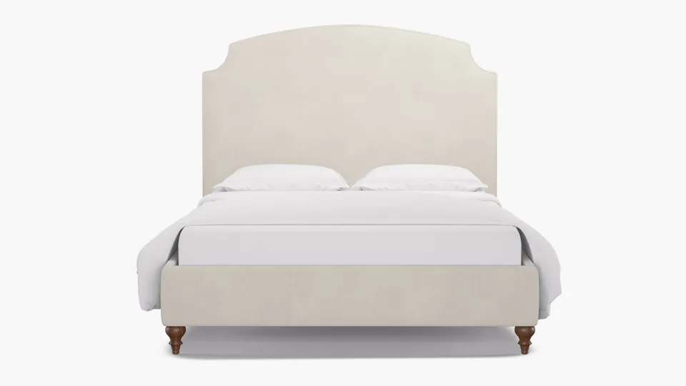 Cove Bed, White Performance Velvet, Walnut Decorative Tapered Leg, King