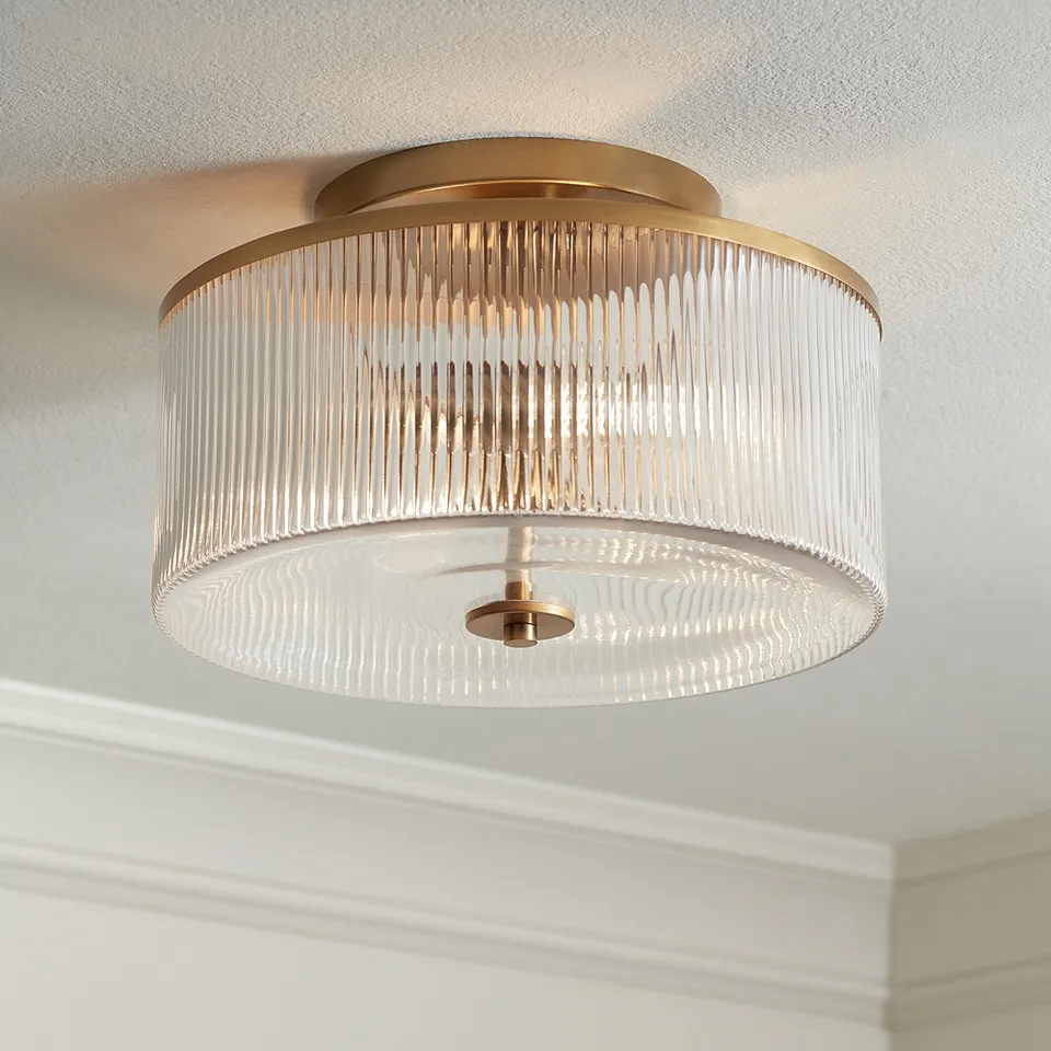 Possini Euro McKenzie 14"W Warm Brass Glass 2-Light Ceiling Light