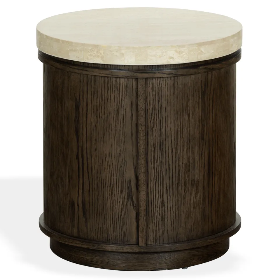 Safavieh Couture Alysandria Round Accent Table, Dark Brown Oak / Travertine