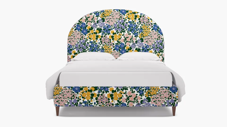 Demilune Bed, Fuchsia Million Flowers, Walnut Square Tapered Leg, Queen