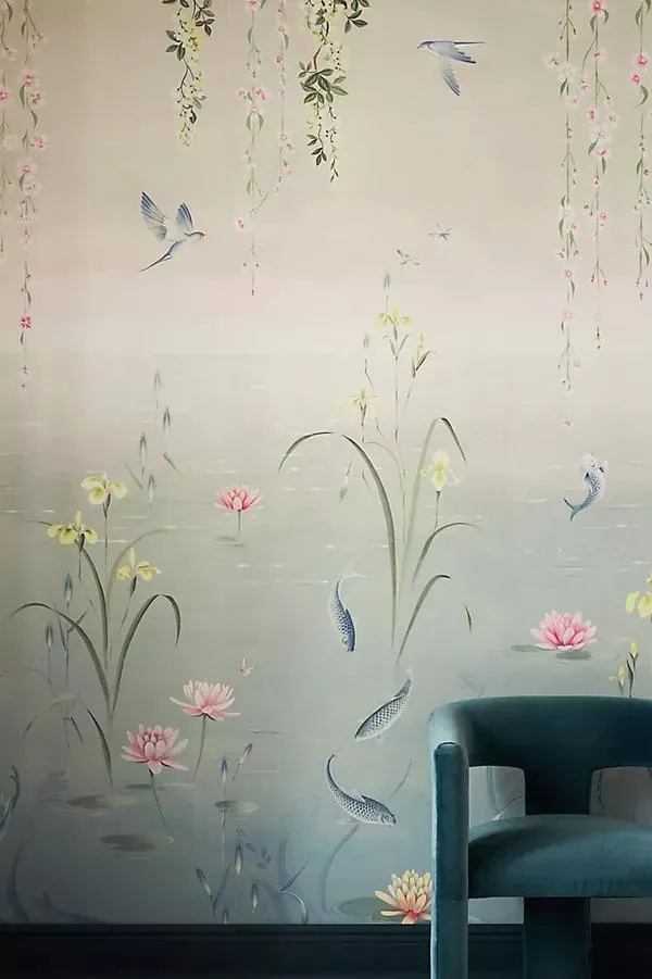 Water Garden Animals Soft Jade Pink Blossom Wallpaper
