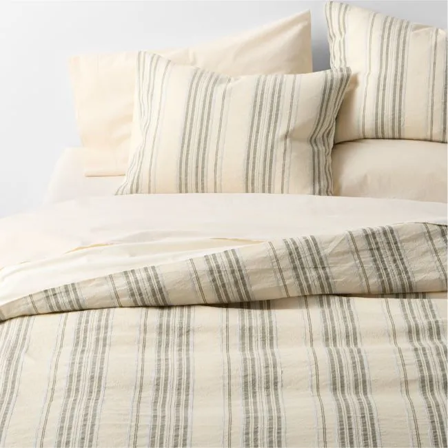 Raised Stripe Organic Cotton Linen Shadow Sage Green and Mist Blue King Duvet Cover