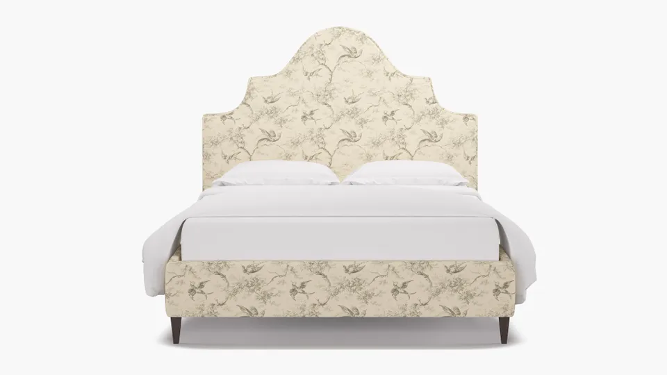 Statement Bed, Cream Swallows, Espresso Square Tapered Leg, Queen