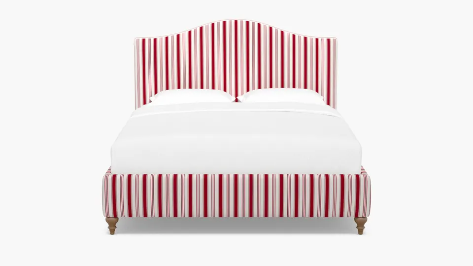 Camelback Bed, Red Regency Stripe, Natural Traditional Turned Leg, Queen