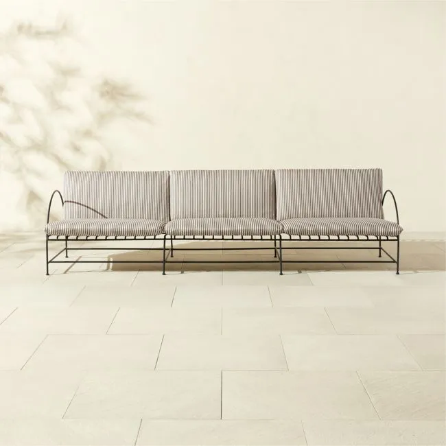 Costa 97" 3-Seat Black Metal Outdoor Sofa with Black And White Striped Sunbrella® Cushions