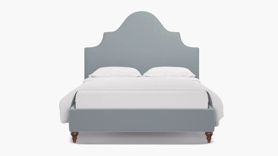 Statement Bed, Sterling Performance Velvet, Walnut Traditional Turned Leg, Queen