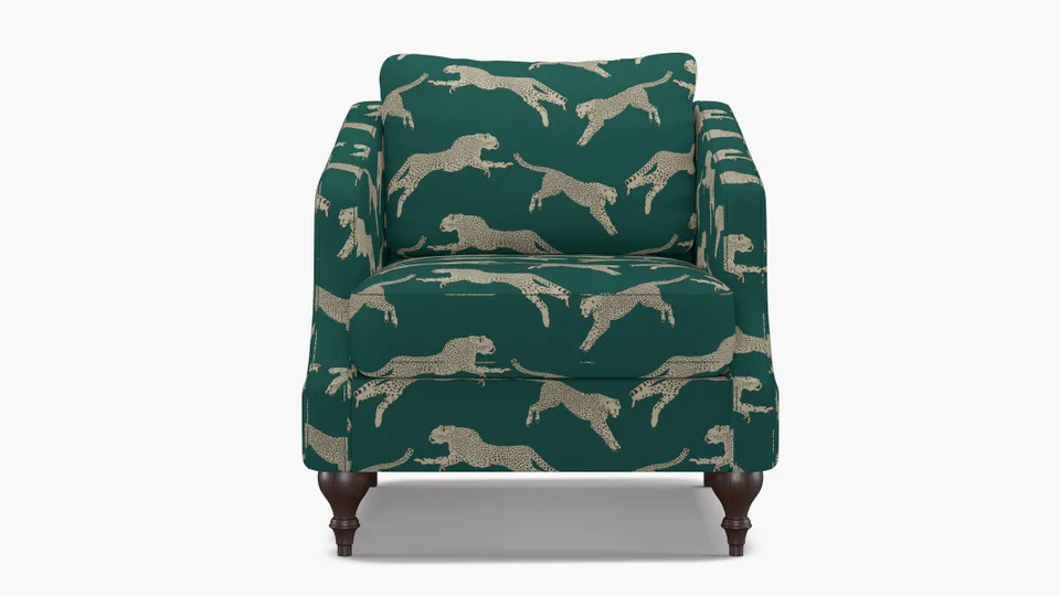 Slope Arm Chair, Polo Green Cheetah, Espresso Turned Wood Leg