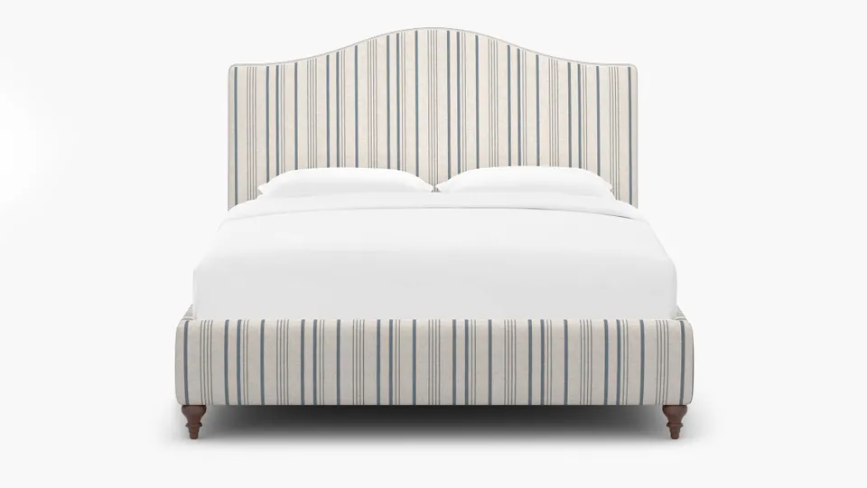 Camelback Bed, Blue Market Stripe, Walnut Traditional Turned Leg, Twin