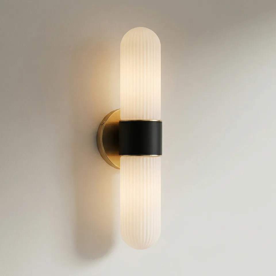 Possini Euro Riegel 15"H Black Gold Fluted Glass 2-Light Wall Sconce