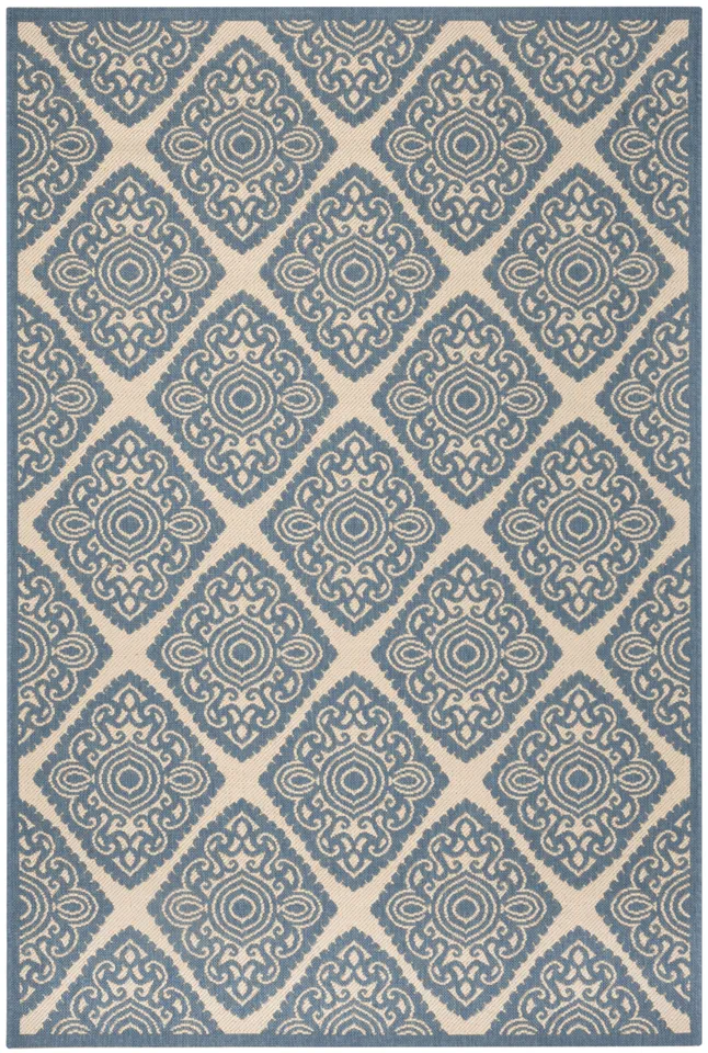 Arlo Home Indoor/Outdoor Woven Area Rug, LND132N, Cream/Blue,  4' X 6'