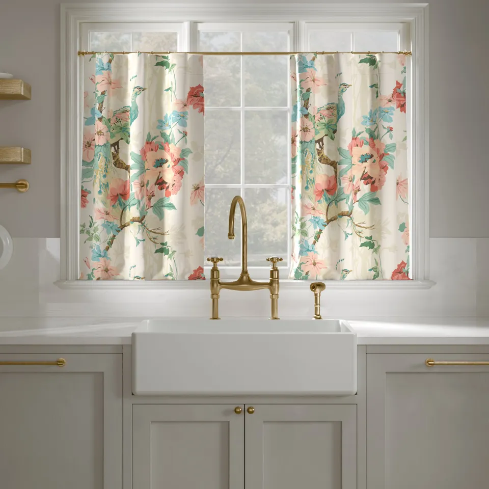Printed Linen Café Curtain, Rose Peacock Park, 25" x 30", Unlined