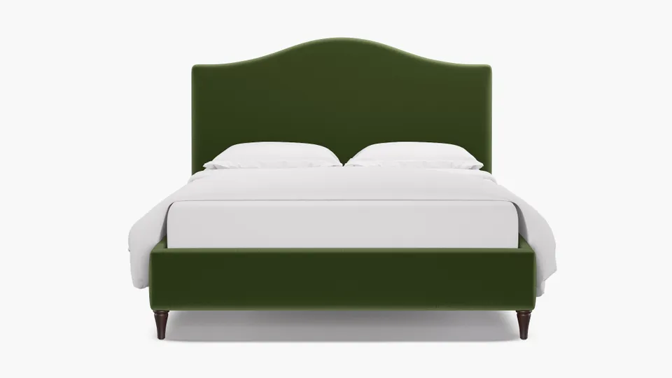 Camelback Bed, Essex Performance Velvet, Espresso Decorative Tapered Leg, King
