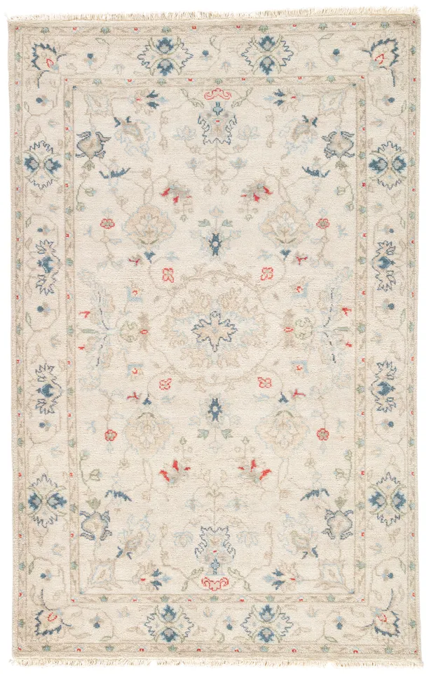 Hacci Hand-Knotted Floral Cream/ Blue Area Rug (5'X8')