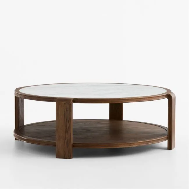 Edgeworth Brown Oak Wood and Carrara Marble 49" Round Coffee Table