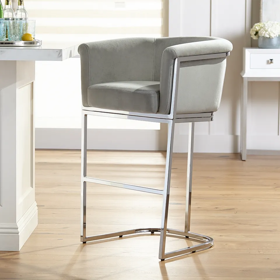 Studio 55D Reign 25 1/2" Wide Gray Velvet and Chrome Modern Bar Stool