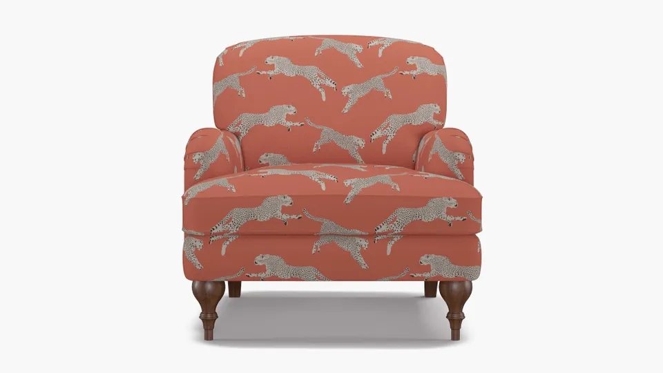 English Roll Arm Chair, Henna Cheetah, Walnut Turned Wood Leg