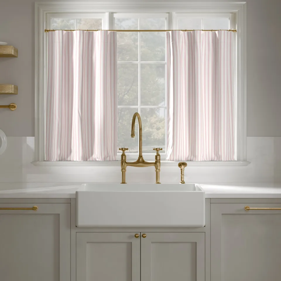 Printed Linen Café Curtain, Pink Classic Ticking Stripe, 25" x 30", Unlined