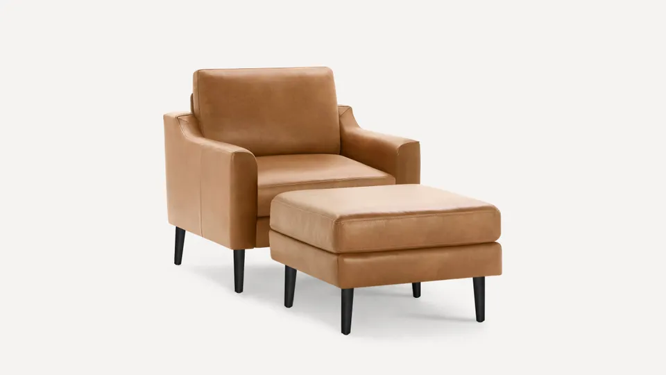 Nomad Leather Club Chair with Ottoman - Camel - Top Grain Leather / Ebony - Wood / Slope
