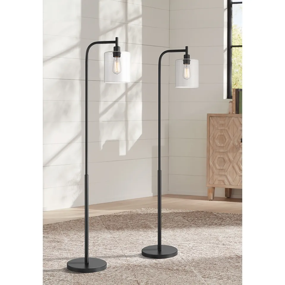 Possini Euro Karis 62" Black and Glass Downbridge Floor Lamps Set of 2