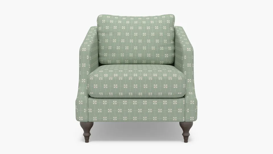 Slope Arm Chair, Soft Sage Meadow Check, Espresso Turned Wood Leg