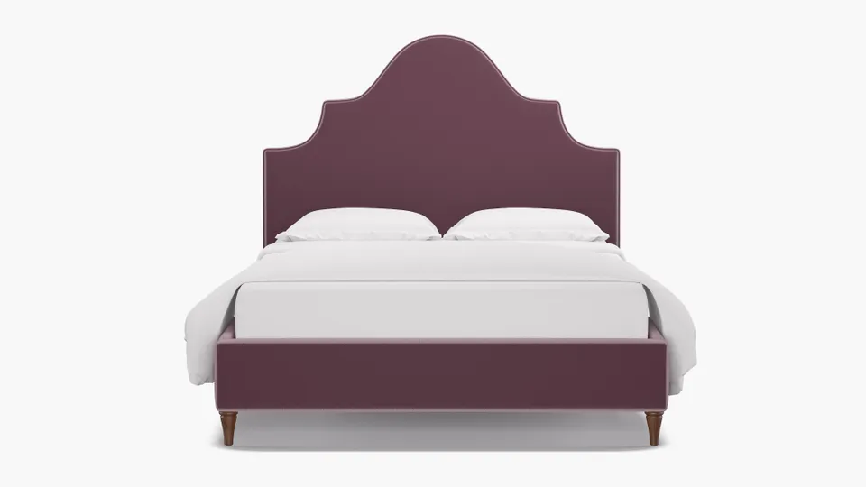 Statement Bed, Lavender Performance Plush Velvet, Walnut Decorative Tapered Leg, Queen