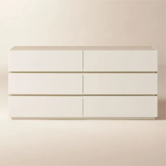 Dover 67" Warm White Lacquered 6-Drawer Dresser with Travertine Top