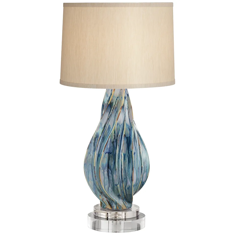 Possini Euro Teresa Teal Drip Ceramic Lamp With 8" Wide Round Riser