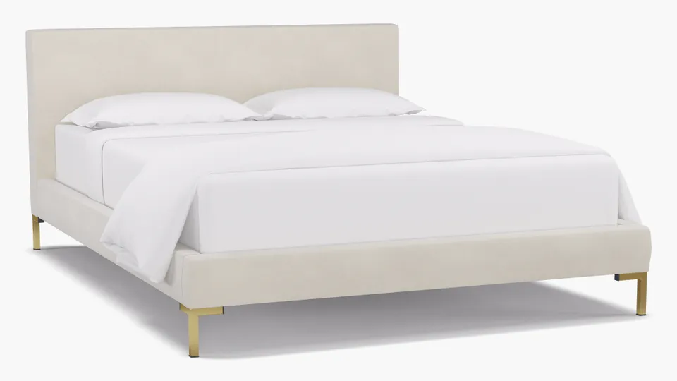 Modern Platform Bed, White Classic Velvet, Brass, Queen