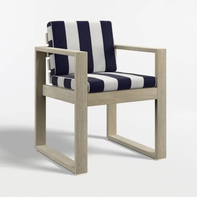Mallorca Wood Outdoor Dining Armchair with Navy and White Cabana Stripe Sunbrella ® Cushions