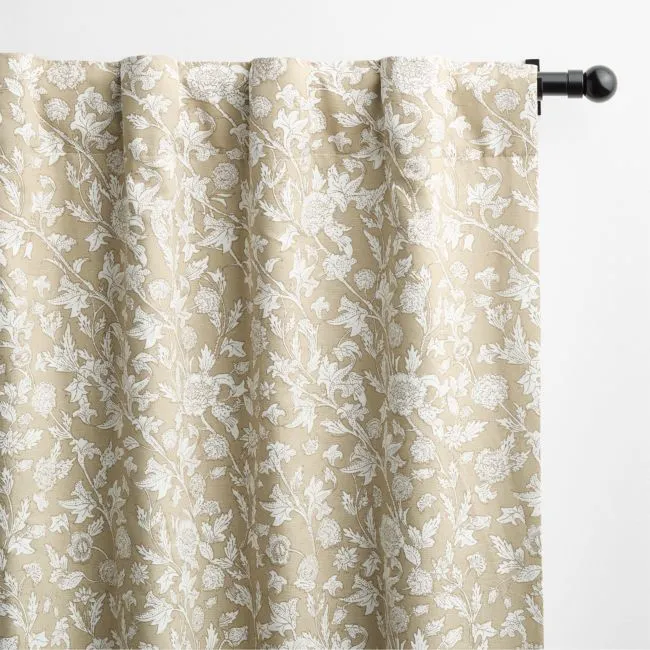 Natural Beige Floral Organic Cotton Linen Blackout Window Curtain Panel 52"x120"