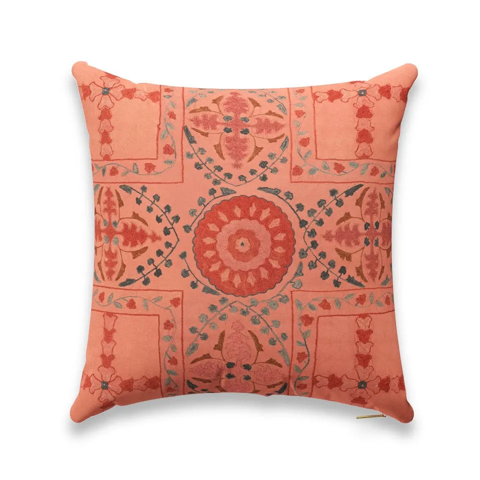 Coral Trellis Suzani Pillow by St. Frank | Orange | 26" W x 26" H | Cotton/Silk/Linen