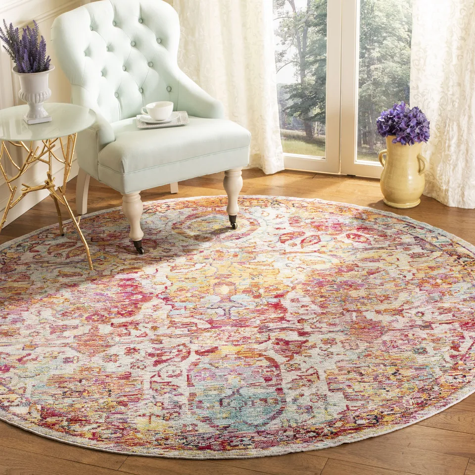 Arlo Home Woven Area Rug, CRS505A, Light Blue/Orange,  7' X 7' Round