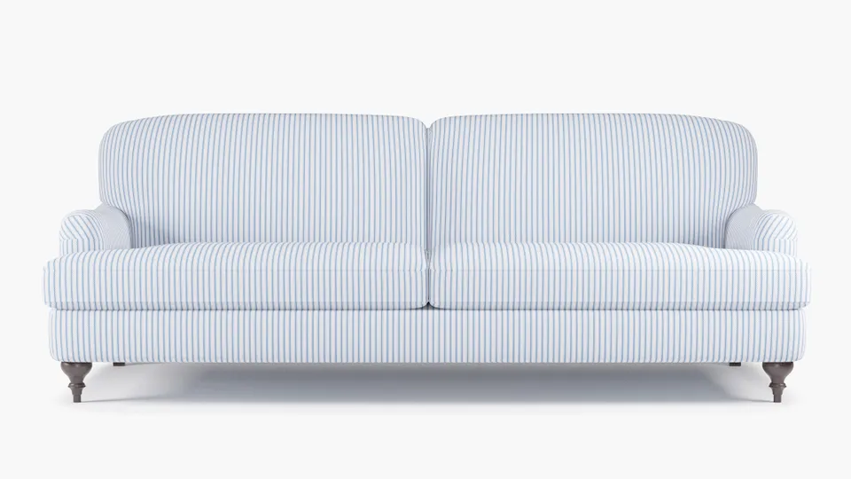 English Roll Arm Sofa, Cornflower Classic Ticking Stripe, Espresso Turned Wood Leg