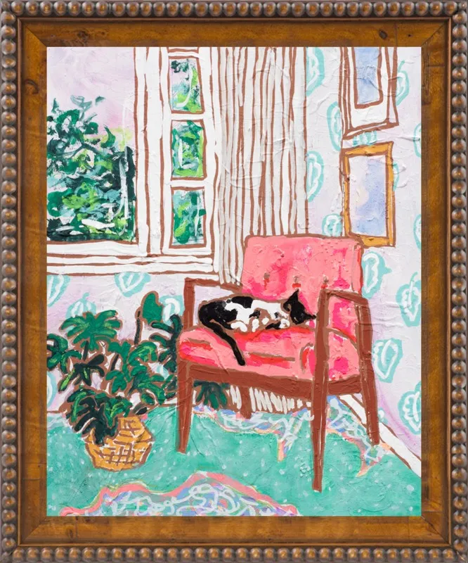 Cat Nap: Tuxedo Cat Napping in Mid-Century Chair by Lara Lee Meintjes for Artfully Walls