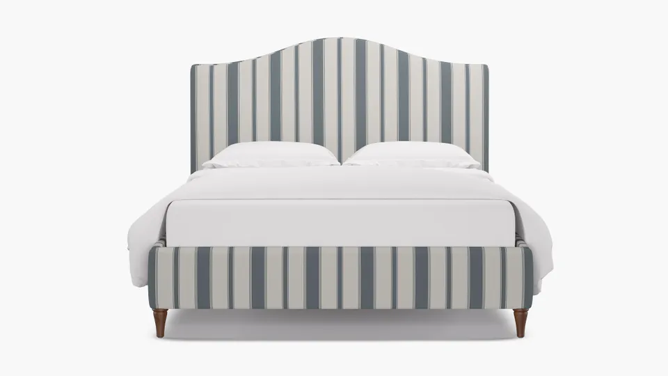 Camelback Bed, French Blue Clarence Stripe, Walnut Decorative Tapered Leg, King