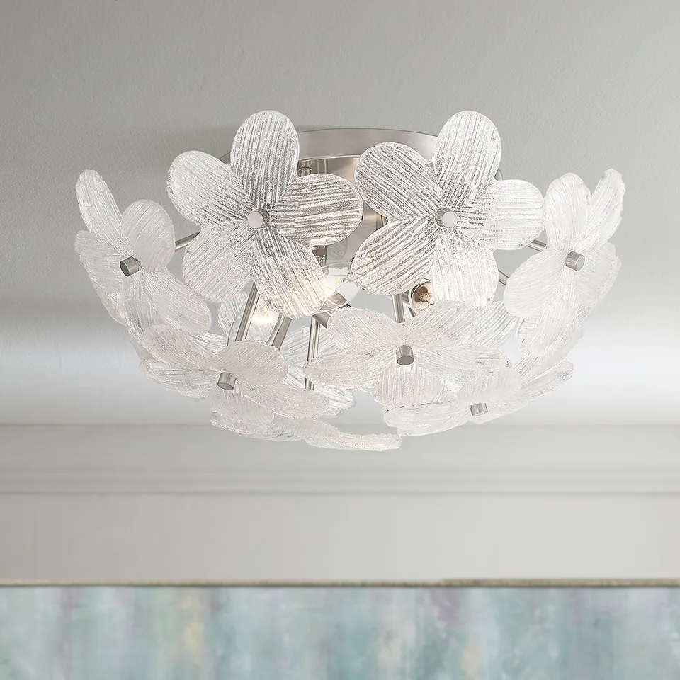 Possini Euro Filoli 16" Wide Nickel Vintage Glass Flower Ceiling Light