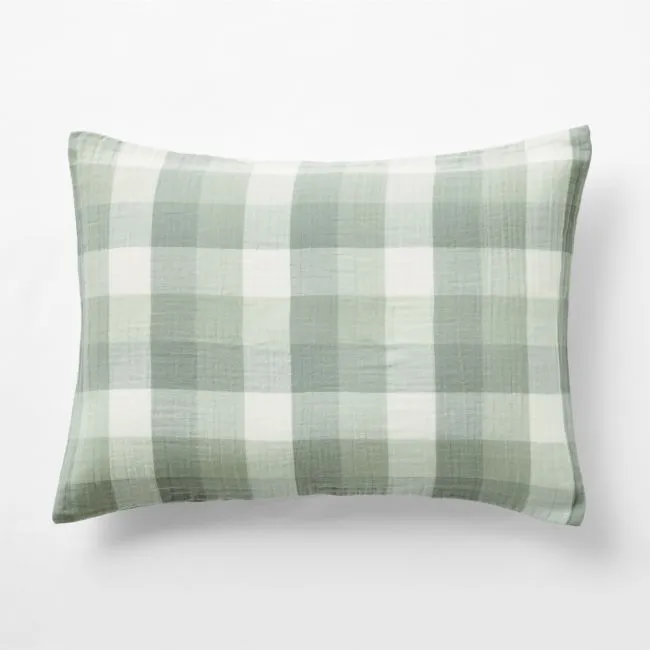 Supersoft Gingham Soft Green Organic Cotton Gauze Kids Pillow Sham