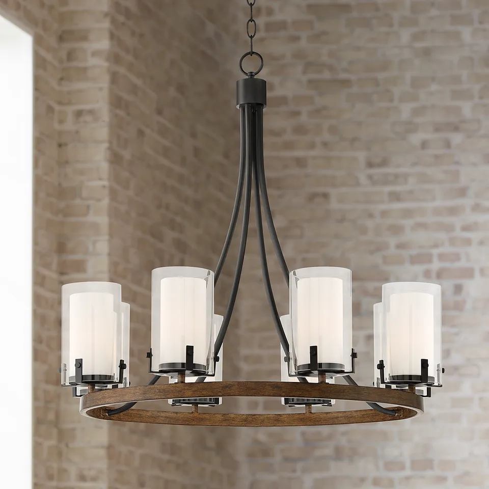 Possini Euro Kiva 29 1/2"W Black Wood 8-Light Wagon Wheel Chandelier