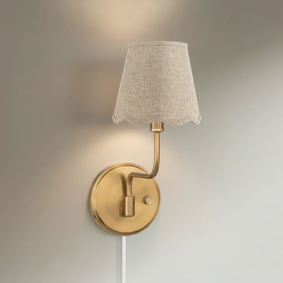 Ophelia 9 1/2"H Warm Brass Plug-In Wall Sconce Beige Scallop Shade