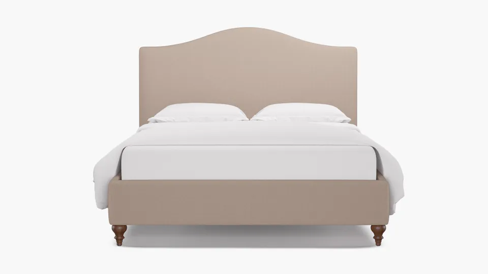 Camelback Bed, Husk Everyday Linen, Walnut Traditional Turned Leg, Queen