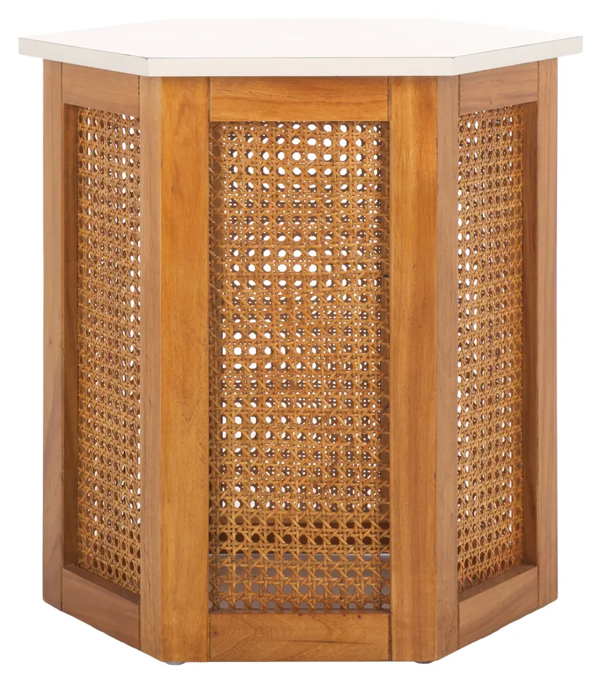 Danez Hexagon Cane Accent Table - White / Natural