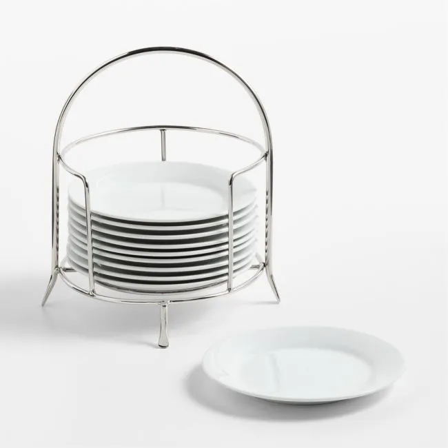 Aspen Rimmed Appetizer Plates with Stainless Steel Stand, Set of 10