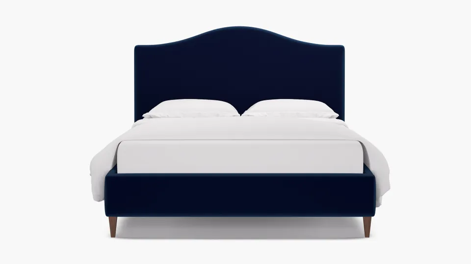 Camelback Bed, Navy Performance Velvet, Walnut Square Tapered Leg, King