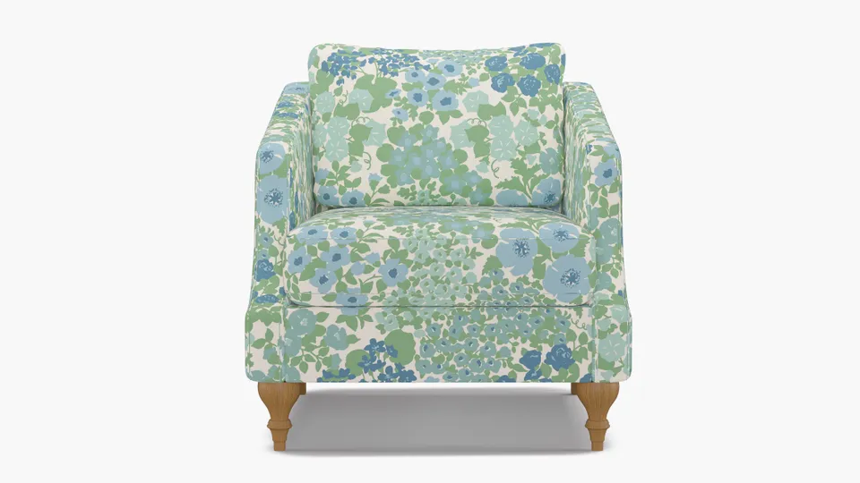Slope Arm Chair, Mist Million Flowers, Natural Turned Wood Leg