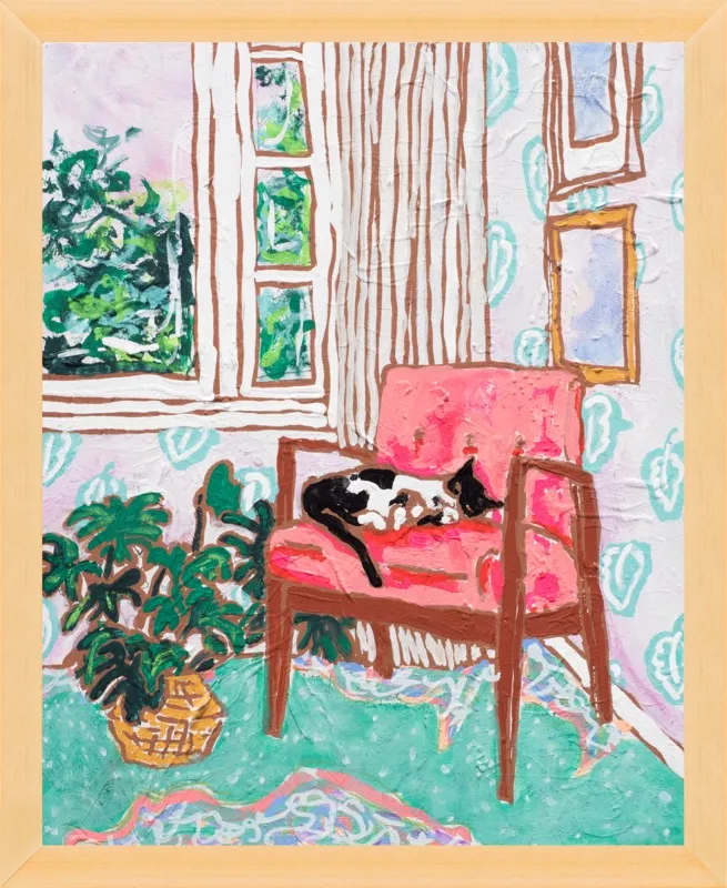 Cat Nap: Tuxedo Cat Napping in Mid-Century Chair by Lara Lee Meintjes for Artfully Walls