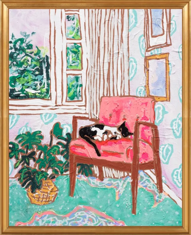 Cat Nap: Tuxedo Cat Napping in Mid-Century Chair by Lara Lee Meintjes for Artfully Walls
