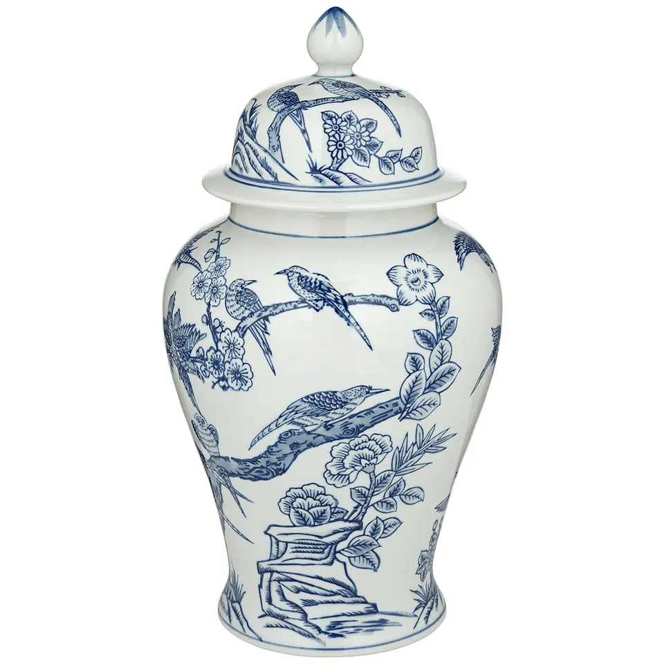Heather 16" High Blue and White Ceramic Ginger Jar with Lid