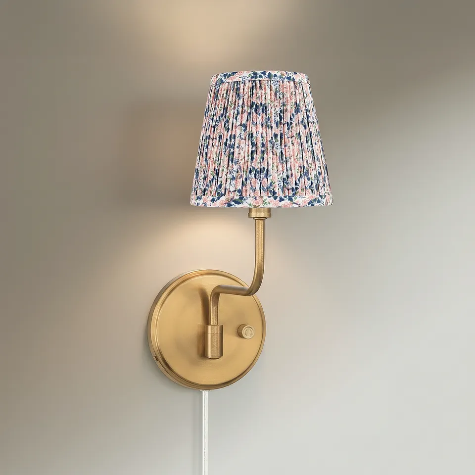 Ophelia 9 1/2"H Warm Brass Plug-In Wall Sconce Blue Pink Floral Shade