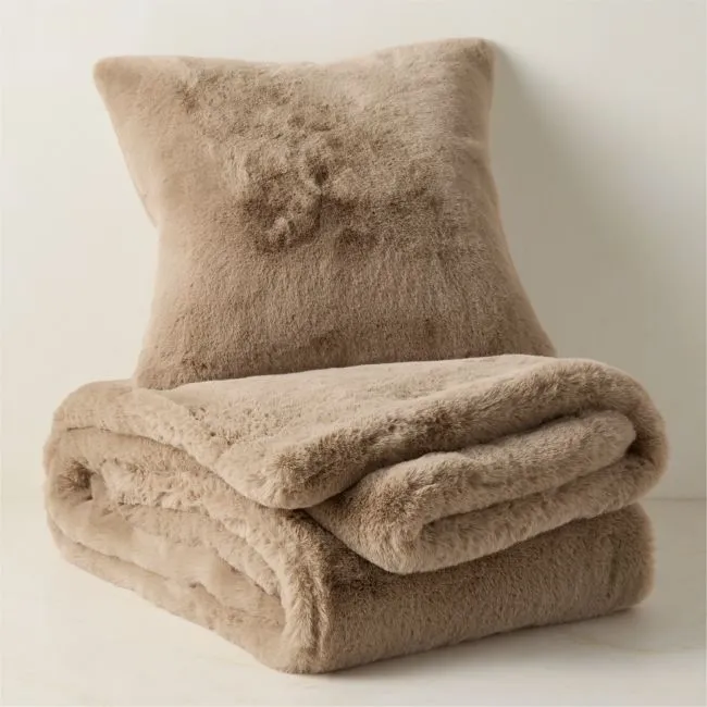 Astor Double-Sided Light Brown Faux Fur Throw Pillow Cover and Throw Blanket Set