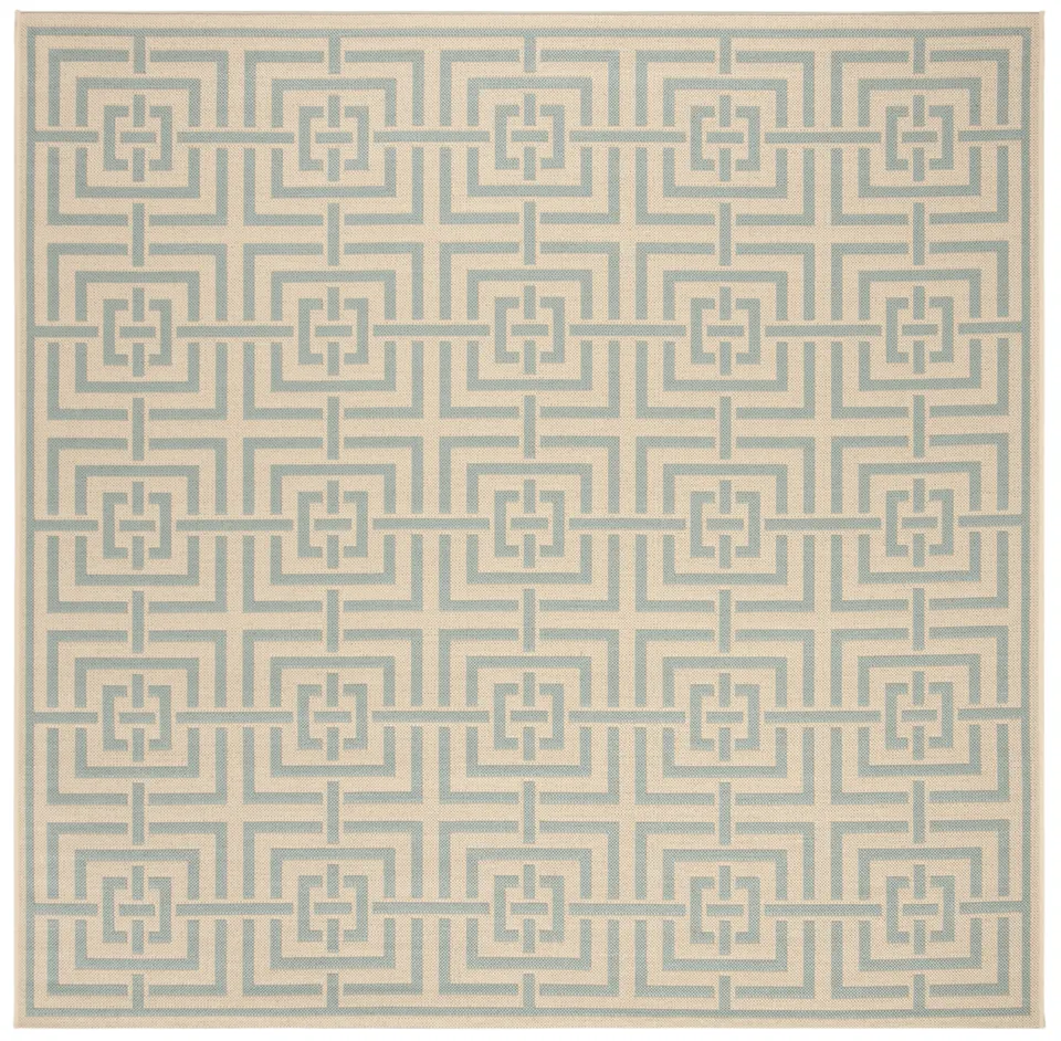 Arlo Home Indoor/Outdoor Woven Area Rug, LND128L, Cream/Aqua,  6' 7" X 6' 7" Square